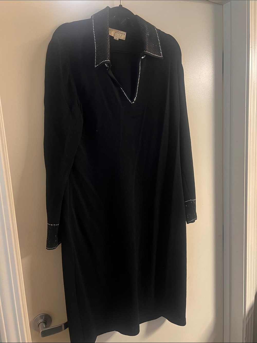 St. John Black Long Sleeve Knit Dress with Stud-Trim Collar & Cuffs